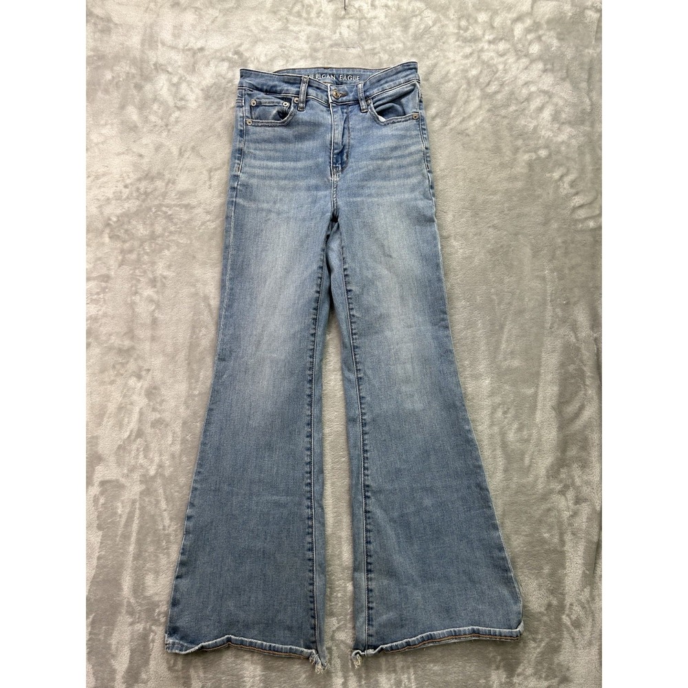 American Eagle Jeans Women Sz 4 Short Blue Super Hi Rise Flare Stretch Boho Bell